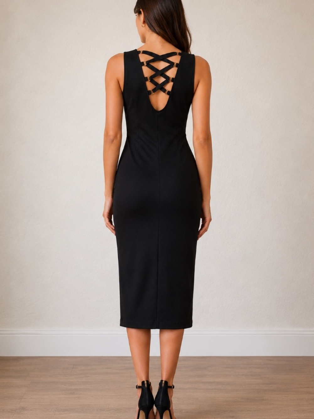 NEW w/ Tag Black Bodycon dress w/gold zipper front & crisscross back Size XLarge - Picture 9 of 9